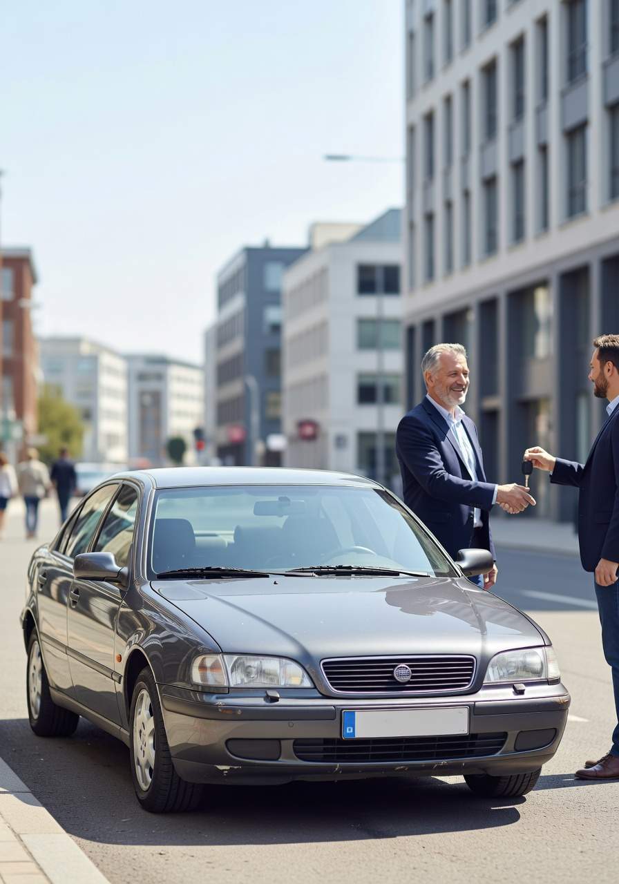Team in Nottuln, ein erfahrener Fahrzeugexperte aus Nottuln nimmt das Fahrzeug eines zufriedenen Kunden ab. Seitlich steht der Wagen neben beiden.